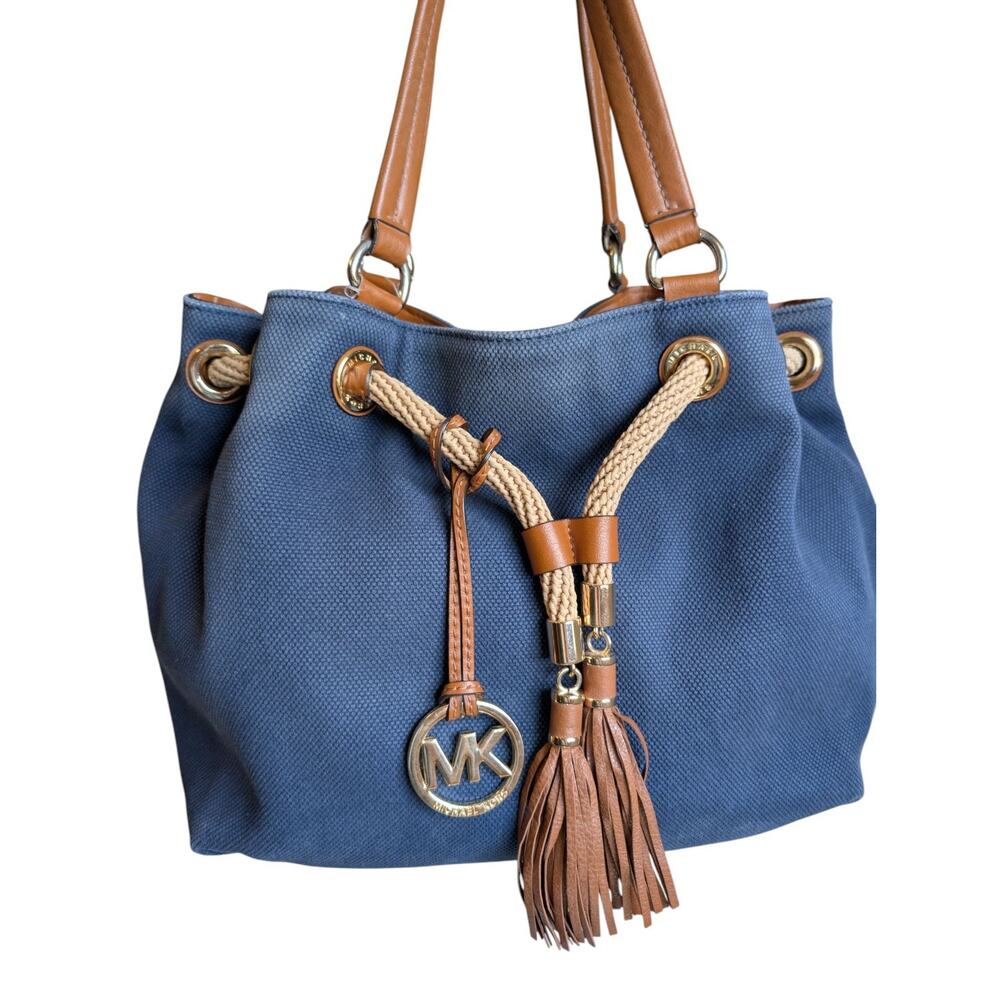 Michael Kors Marina Canvas Rope Tassel Large Bucket Bag Drawstring Blue